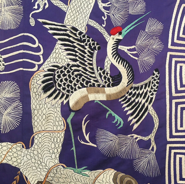 Fine Antique Silk Embroidered Tree of Life Wall Hanging with Cranes: Qing Dynasty, China