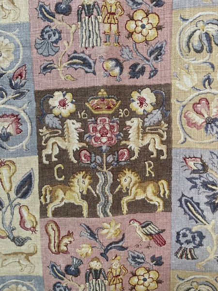 Charming Jacobean Revival Printed Linen Panel with Figures, Animals,  Florals: C1920 England