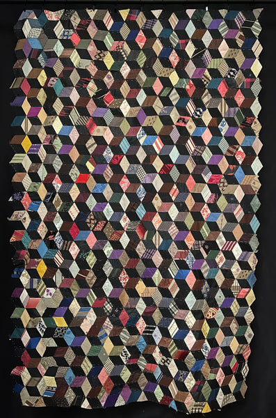Antique Silk Tumbling Blocks Patchwork Quilt: C19th Britain