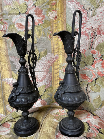 Pair Neoclassical Patinated Bronze Ewers with Winged Mythical Creatures: C19th France