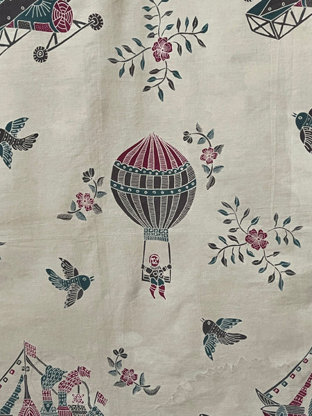 Antique Hand Painted Batik Skirt Panel with Hot Air Balloons Planes & Ships: C20th Java, Indonesia