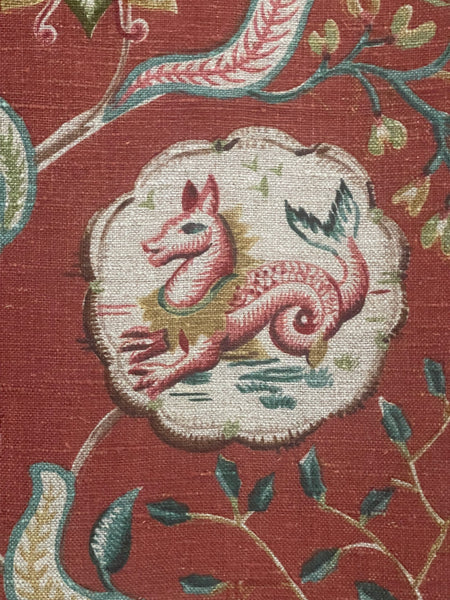 Antique Jacobean Revival Printed Linen with Mythical Animals Yardage Interior Decor Upholstery: C20th Britain