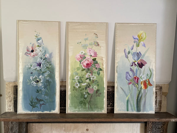 Set of Three Hand Painted Floral Silk Wall Panels :C1920 England