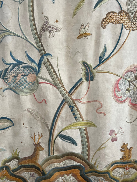Antique Arts and Crafts Jacobean Revival Crewelwork Tree of Life Wallhanging: Early C20th Britain