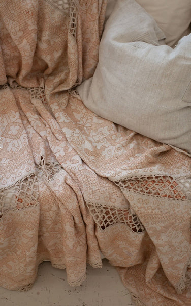 Antique Hand Embroidered Assisi Work Cover Pink White Throw Interior Decor Early 20th Century. 225 x 185cm
