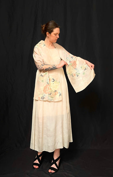 Antique Traditional Handpainted & Stencilled Silk Brocade Stole or Scarf: C1900 Japan