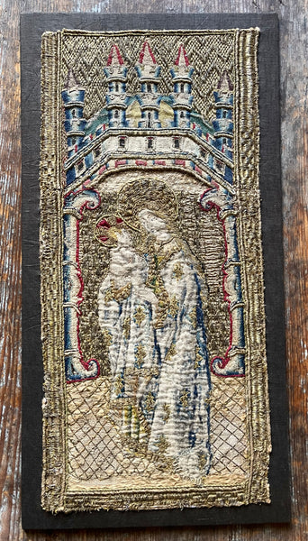 Antique Opus Anglicanum Medieval Orphrey Embroidery Madonna and Child: C16th England