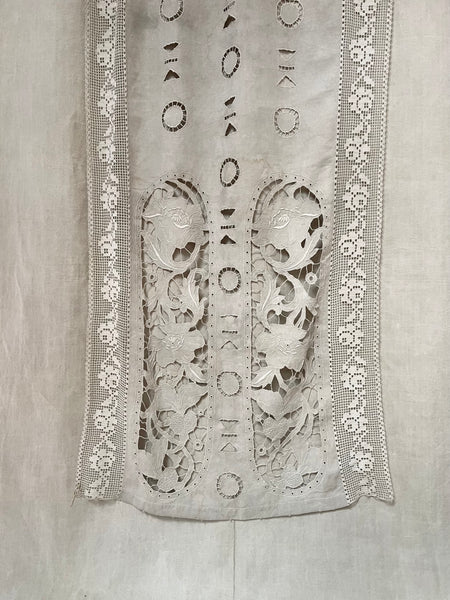 Antique Cutwork Embroidered Richelieu Lace Wallhanging Curtain Panel: C1900 - 1910 France