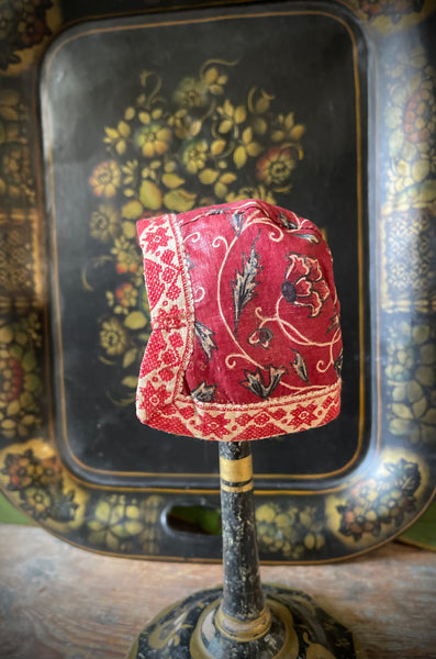Antique Chintz Traditional Folk Costume Baby’s Bonnet: C18th Marken, Netherlands. Red