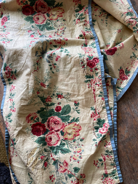 Antique Glazed Chintz Long Panel with Roses & Ribbons: C19th France