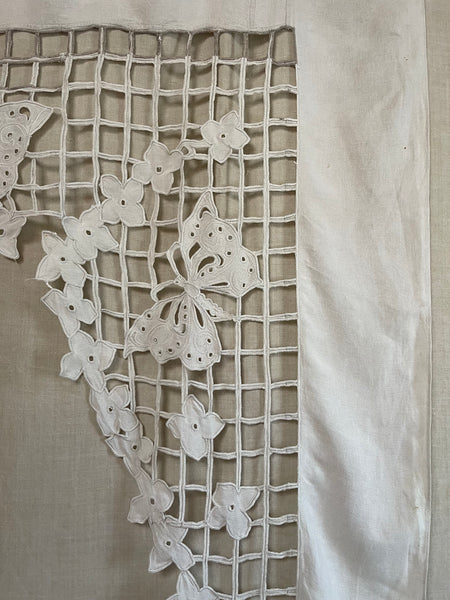 Art Deco Cutwork Embroidered Panel Wallhanging with Trellis, florals and Butterflies: C1920 France