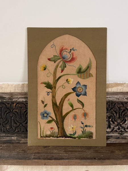 Arts and Crafts Tree of Life Embroidery Jacobean Revival Antique Crewelwork: C1920 Britain
