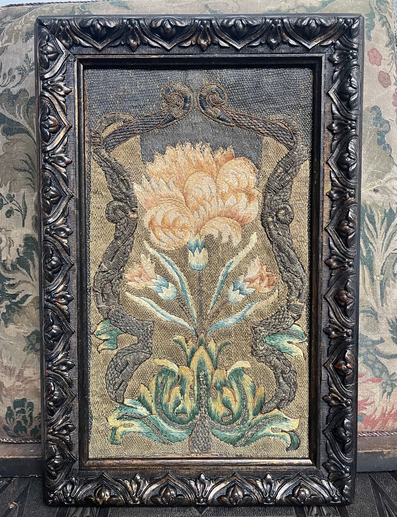 Rare Gilt and Silk Thread Embroidered Book Binding with Carnation (symbolising devotion) : C17th Europe