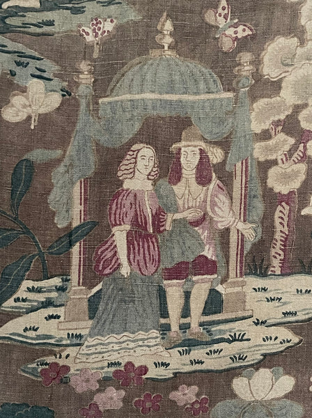 Antique Jacobean Revival Printed Linen Collectable Antique Textiles Design Inspiration Figurative Wallhanging. 83 x 73cm