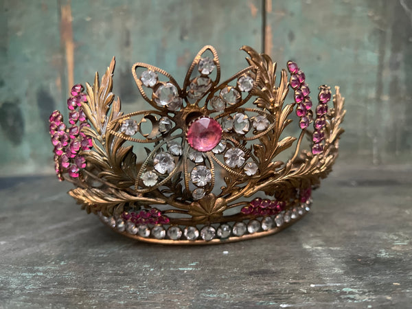 Antique Fine Gold Gilt Headdress Tiara set with Pink Diamanté: C19th France