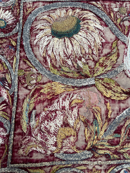 Early Silk and Metal Thread Embroidered Velvet Panel with Peacock and Flowers: C17th Italy or Spain