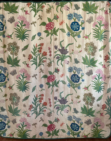 Vintage Jacobean Revival Crewelwork Embroidered Bedcover Quilt: C1970s Kashmir, India for export. 200cm x 220cm