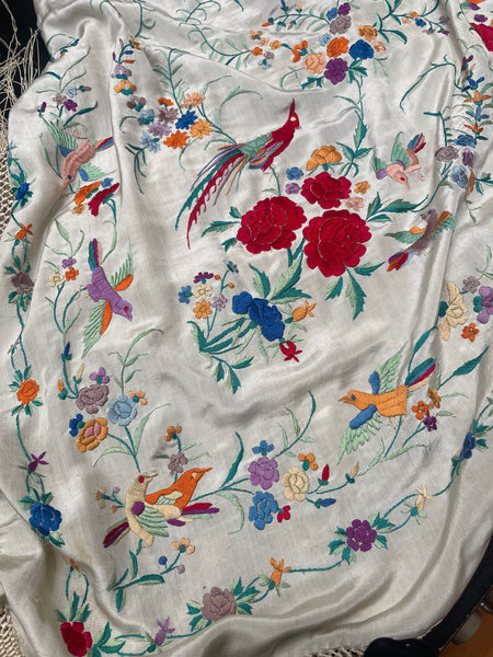 Antique Silk Embroidered Piano Shawl with Birds and Florals: C1920 Canton, China