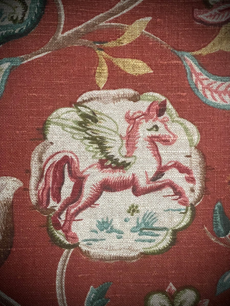 Antique Jacobean Revival Printed Linen with Mythical Animals Yardage Interior Decor Upholstery: C20th Britain