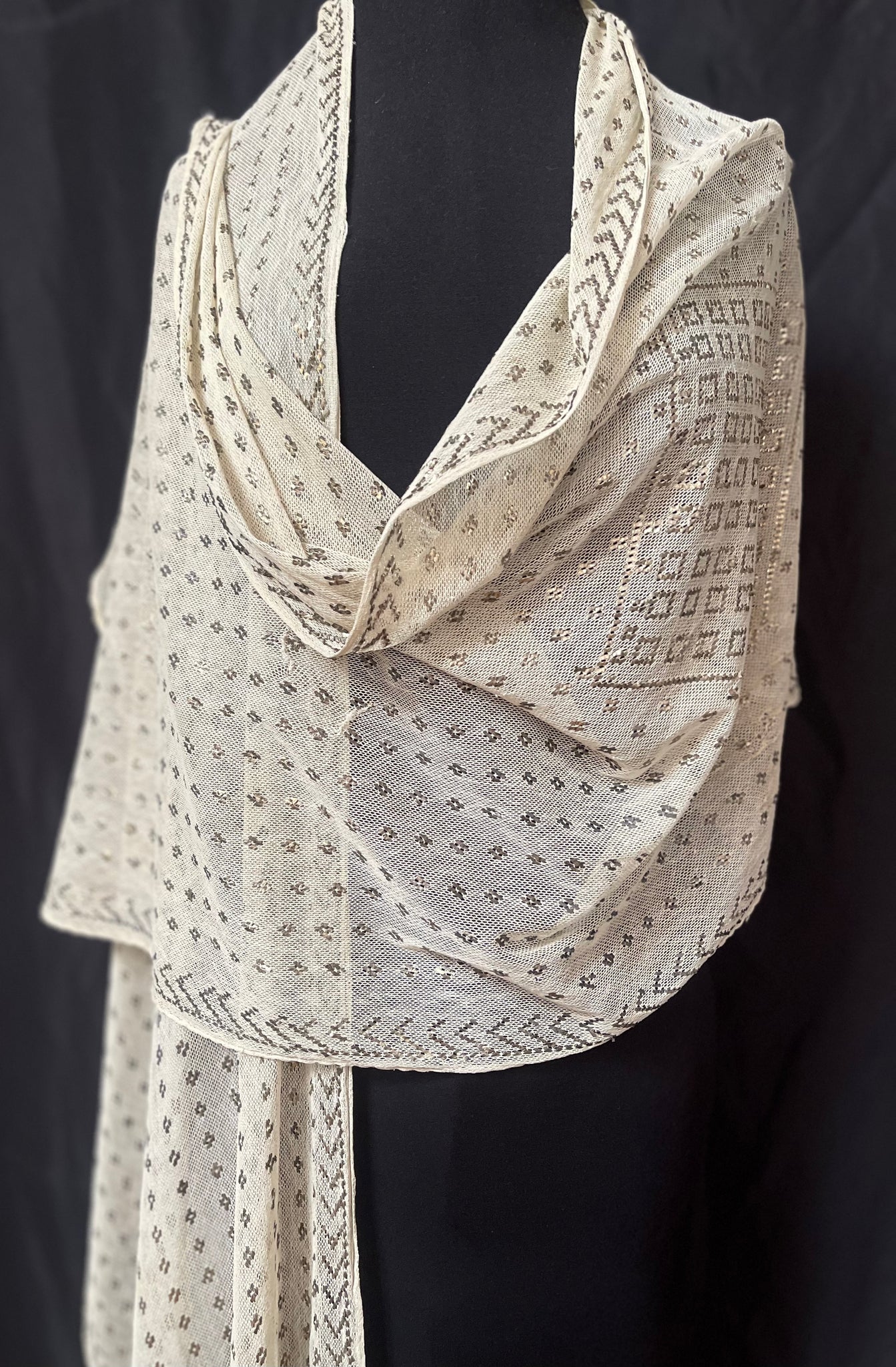 Art Deco Assuit Shawl Hand Embroidered White with Silver Metal Thread: C1920 Egypt