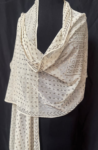 Art Deco Assuit Shawl Hand Embroidered White with Silver Metal Thread: C1920 Egypt