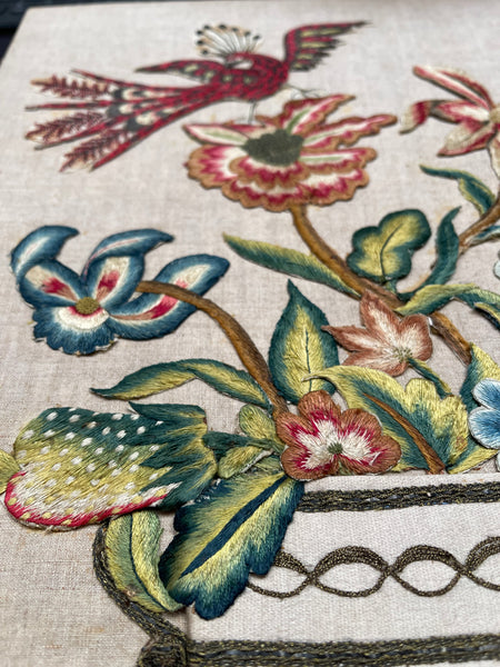 Charming Appliquéd Still Life with Early 18th Century Silk Embroidered Flowers, Bird and Fruit: C1910 English