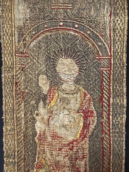Rare Tudor Orphrey Silk and Metal Thread Embroidered Panels with Iconography Saints: C16th England