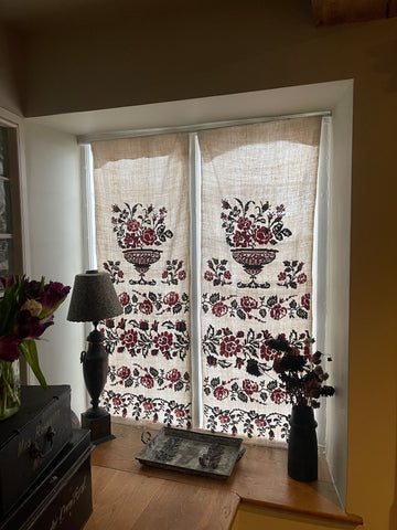 Antique Traditional Hand Embroidered Folk Art Curtain Panels with Urns and Roses: C19th Ukraine