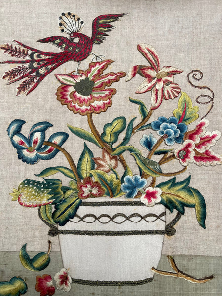 Charming Appliquéd Still Life with Early 18th Century Silk Embroidered Flowers, Bird and Fruit: C1910 English