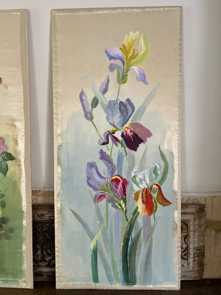 Set of Three Hand Painted Floral Silk Wall Panels :C1920 England