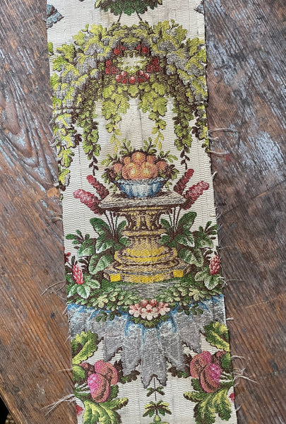 Antique Silk Brocade Panel with Urns & Fruit in Bower: C18th France