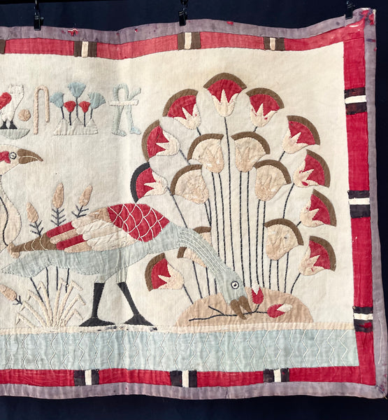 Antique Egyptian Revival Appliqué Wallhanging with Herders, Geese, Hieroglyphics: C1920s Egypt