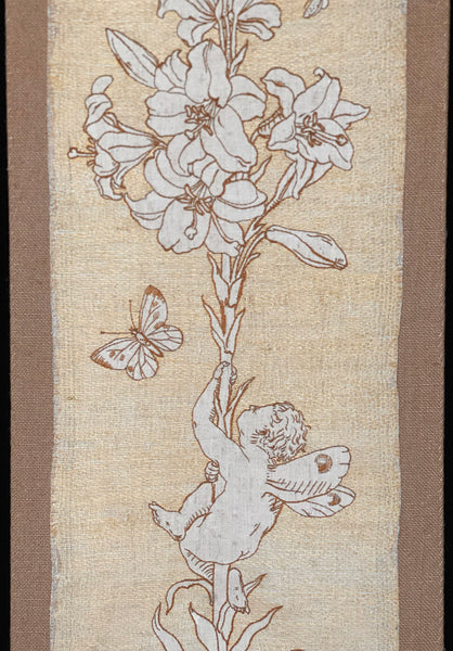 Antique Art Nouveau Silk Embroidery with Cupid & Lily in the manner of Walter Crane: C1900 England