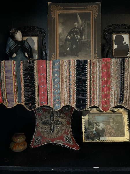 Handmade Victorian Silk Velvet Embroidered Shelf Pelmets x 3: C19th Britain