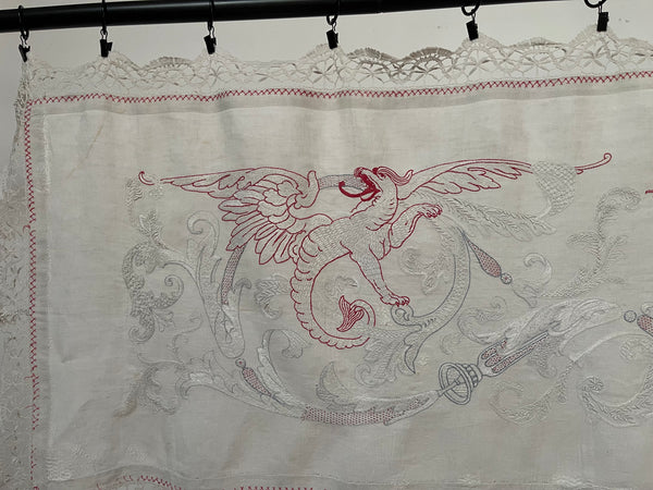 Antique Neo Renaissance White & Red-work Embroidered Pelmet Valance: C1900 Europe