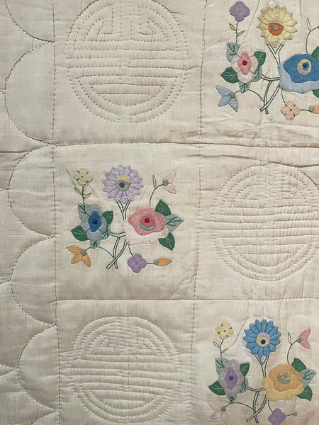 Pretty Handmade Silk Quilt with Appliquéd Floral Motifs: C1930 China for Export to Europe