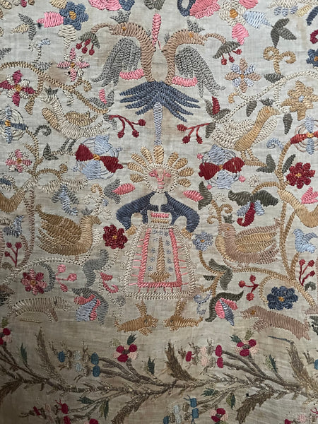 Antique Traditional Greek Island Embroidered Panel with Figures, Animals, Birds: C18th/19th Crete