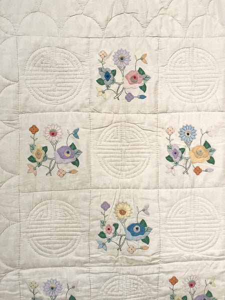 Pretty Handmade Silk Quilt with Appliquéd Floral Motifs: C1930 China for Export to Europe