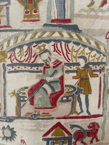 Antique Printed Linen Wallhanging Inspired by Bayeux Tapestry: C1920s Britain
