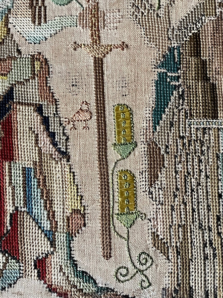 Rare Elizabethan Silk Embroidery with Saints, Insects, Pea-pods: C16th English