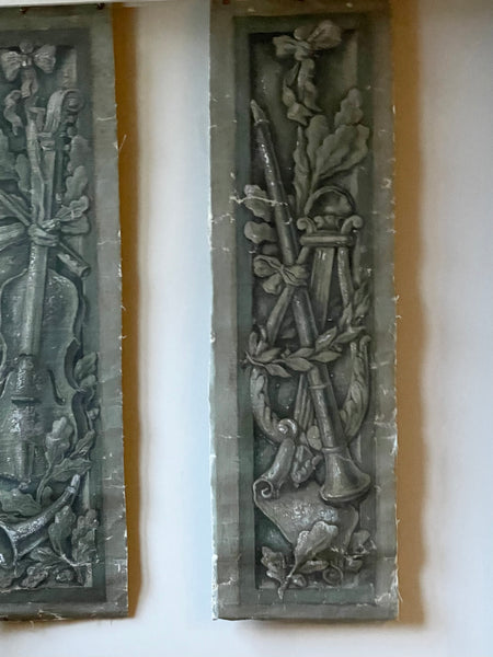 Pair Antique Trompe L’oiel Hand-painted Panels with Neo Classical Music Theme: C19th France