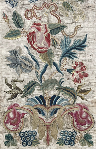 Antique Fine Silk and Wool Embroidered panel with Bouquet of Flowers: C1700 England