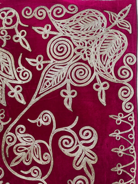 Antique Ottoman Era Magenta Pink Silk Velvet Panel with Traditional Hand Applied Silver Braiding: C19th Algeria