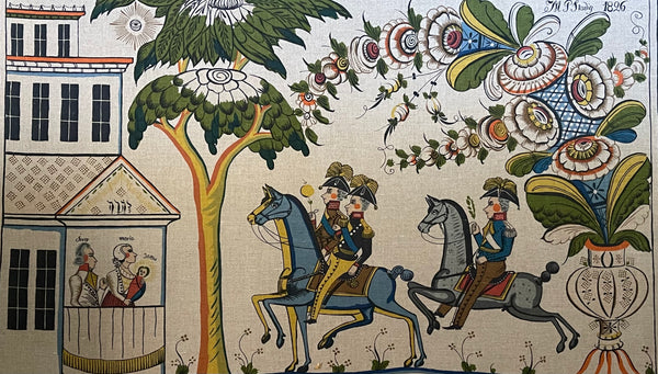 Large Swedish Folk Art Print Linen Wall Hanging: C1950s translation 19th Century Wall Paintings, Sweden