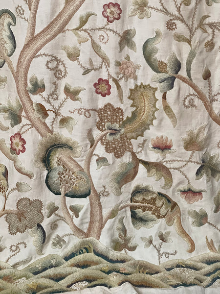 Jacobean Revival Embroidered Tree of Life Crewelwork Wall or Bedhanging: C1900 Britain