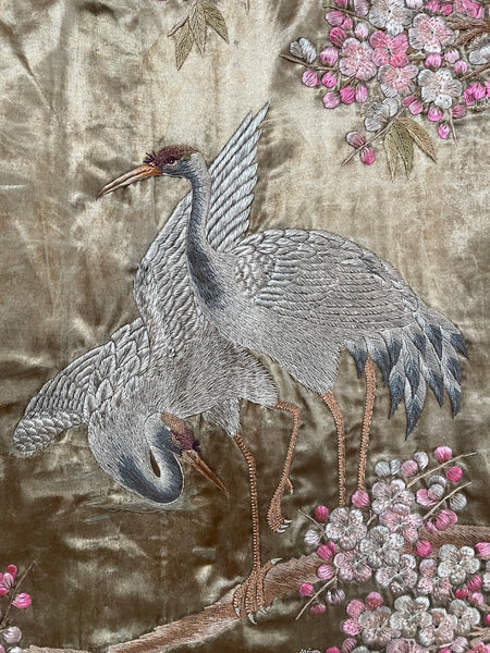 Antique Silk Embroidered Tapestry Wallhanging with Cherry Blossom & Storks: Japanese Meiji Period C19th Century. 223 x 175cm