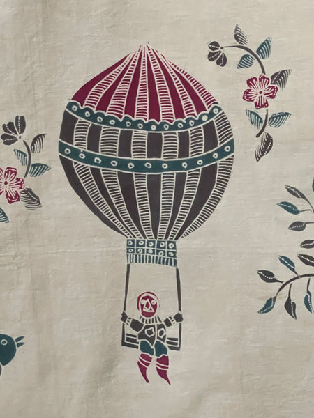 Antique Hand Painted Batik Skirt Panel with Hot Air Balloons Planes & Ships: C20th Java, Indonesia