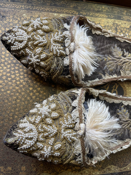 Antique Ottoman Slippers with Gold Gilt Embroidery & Seed Pearls: C19th Turkey