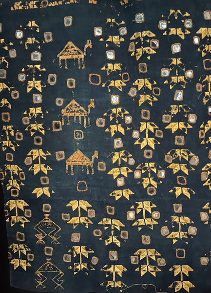 Antique Traditional Silk Embroidered Indigo Phulkari Panel : early C20th Hissar District, Punjab