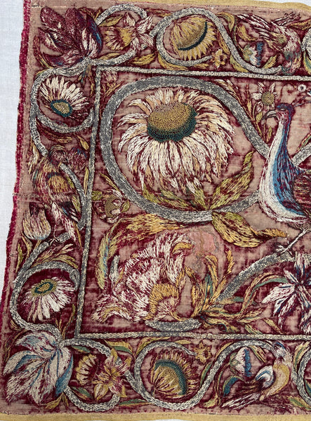 Early Silk and Metal Thread Embroidered Velvet Panel with Peacock and Flowers: C17th Italy or Spain